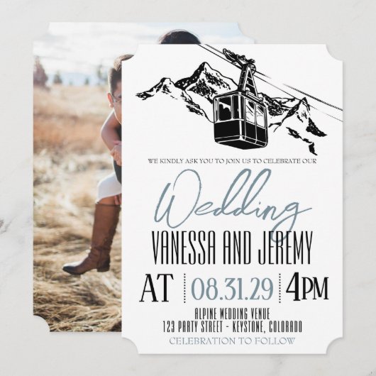 Mountain Love Dusty Blue Wedding Kaart (Voorkant / Achterkant)