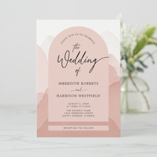 Mountain Majesty QR Code Modern Script Bruiloft Kaart (Staand voorkant)