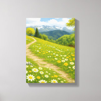 Mountain Meadow Path met Spring Daisies Art Canvas Afdruk