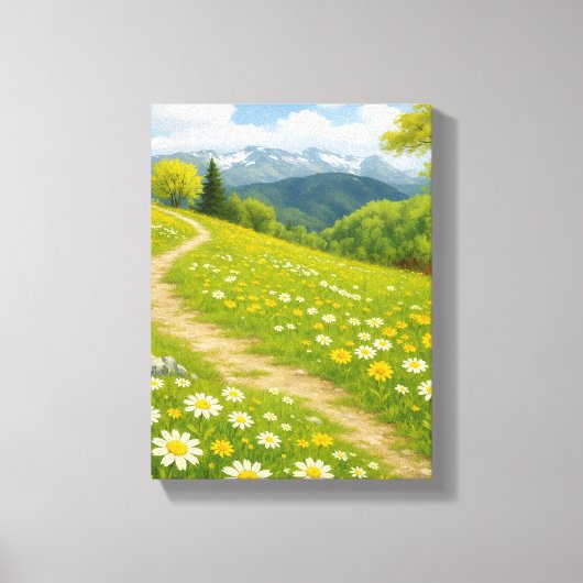 Mountain Meadow Path met Spring Daisies Art Canvas Afdruk (Voorkant)