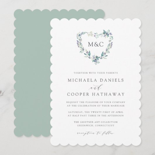 Mountain Meadow Waterverf Hart Monogram Bruiloft Kaart (Voorkant / Achterkant)