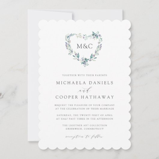 Mountain Meadow Waterverf Hart Monogram Bruiloft Kaart (Voorkant)