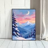 Mountain Moon Winter Watercolor Painting Poster