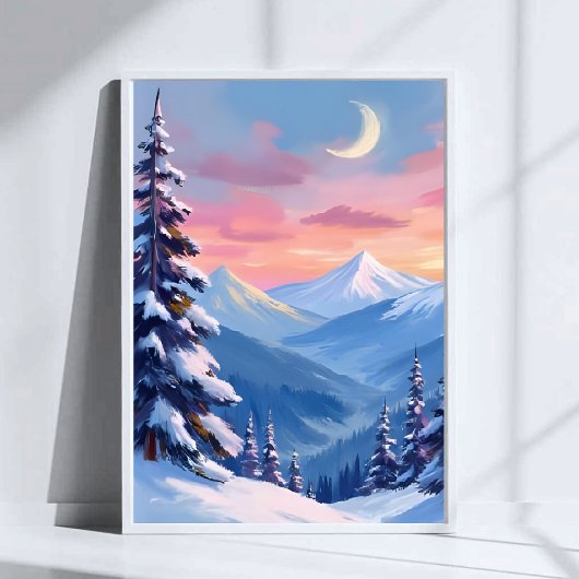 Mountain Moon Winter Watercolor Painting Poster