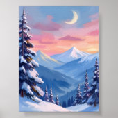 Mountain Moon Winter Watercolor Painting Poster (Voorkant)