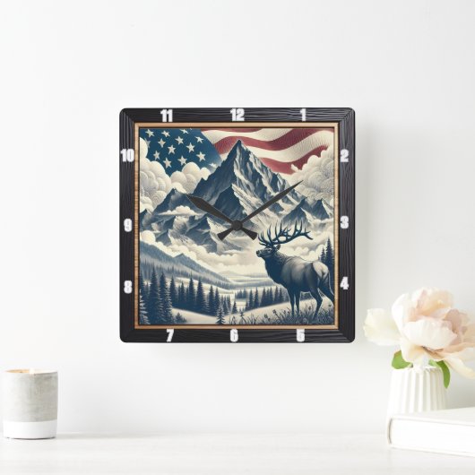 Mountain Moose Patriotic Rustic Vierkante Klok (Huis)