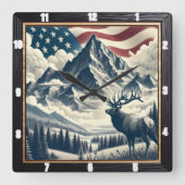 Mountain Moose Patriotic Rustic Vierkante Klok (Voorkant)
