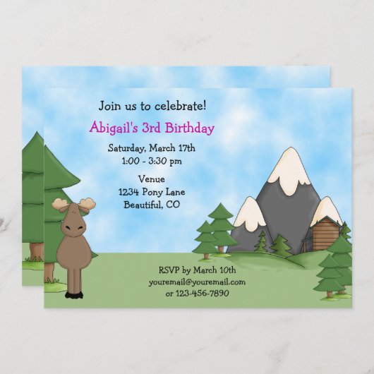 Mountain Moose verjaardagsuitnodiging voor meisjes Kaart (Voorkant / Achterkant)