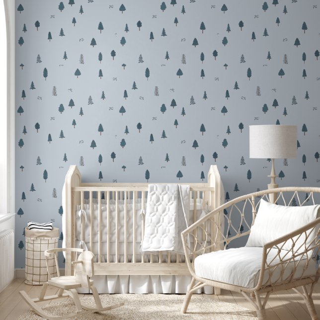 Mountain Nursery Wallpaper Blue Bird & Trees Behang (Kinderen)