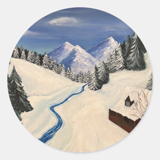 Mountain Painting Cabin Wilderness Ronde Sticker (Voorkant)