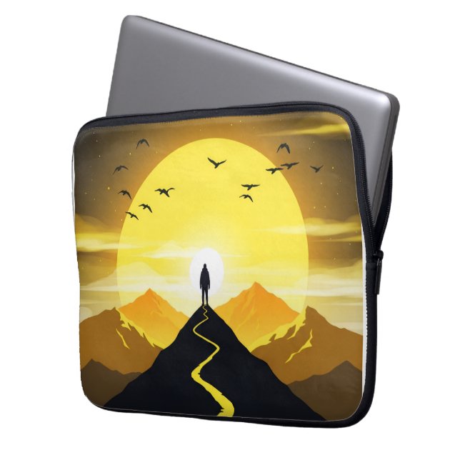 Mountain Peak Silhouette with a winding. Pedestal Laptop Sleeve (Voorkant Links)