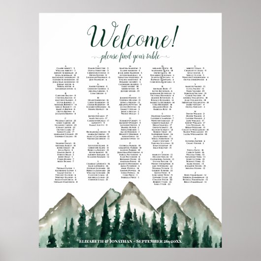 Mountain Peaks & Pine Alfabetische Zitting Grafiek Poster (Voorkant)