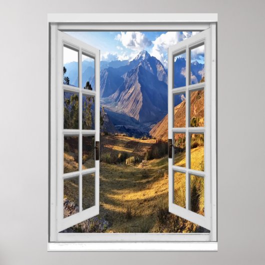 Mountain Peaks Uitzicht Trompe l'oeil Fake Window Poster (Voorkant)