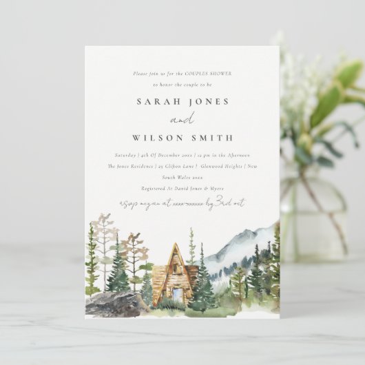 Mountain Pine Forest Cabin Couples Shower Invite Bedankkaart (Staand voorkant)