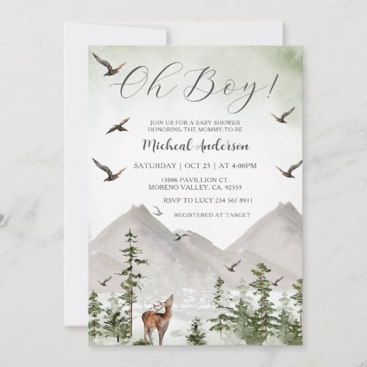 Mountain Pine Tree Forest Deer Boy Baby shower Kaart (Voorkant)