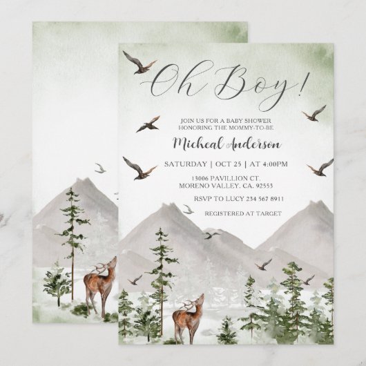 Mountain Pine Tree Forest Deer Boy Baby shower Kaart (Voorkant / Achterkant)