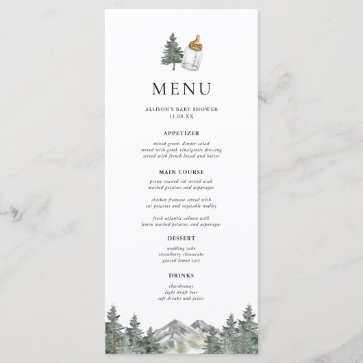 Mountain Pine Tree Winter Baby shower Menu (Voorkant)