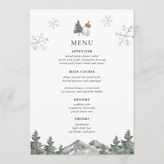 Mountain Pine Tree Winter Baby shower Menu Kaarten (Voorkant)