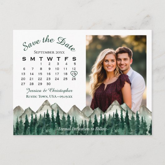 Mountain & Pine Trouwkalender Foto Datum Opslaan Aankondigingskaart (Voorkant)