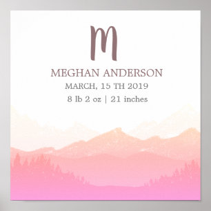 Mountain Pink Personalized Baby Birth Poster