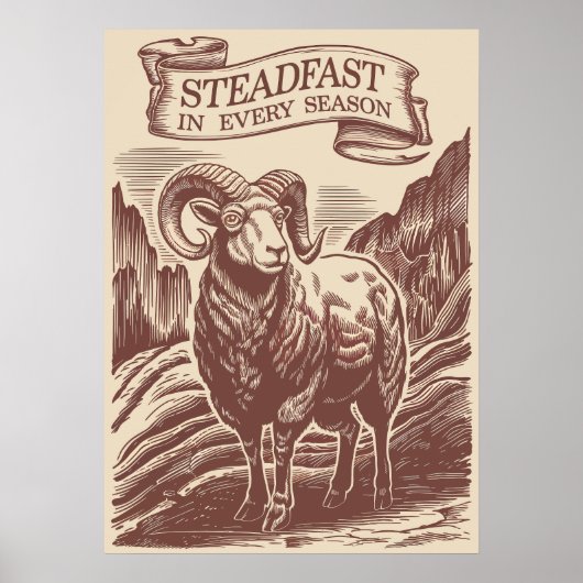 Mountain Ram Steadfast Natuur Woodcut Design Poster (Voorkant)