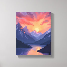 Mountain Range Sunset | Watercolor Lake Landscape Canvas Afdruk