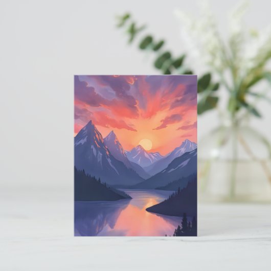 Mountain Range Sunset | Waterverf Lake Landscape Briefkaart (Staand voorkant)