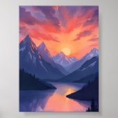 Mountain Range Sunset | Waterverf Lake Landscape Poster (Voorkant)