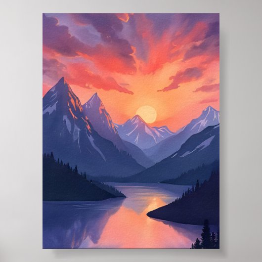 Mountain Range Sunset | Waterverf Lake Landscape Poster (Voorkant)