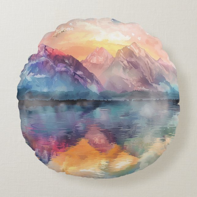 Mountain Reflection: Waterverf rond Sierkussen Kussen (Voorkant)