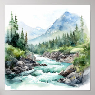 Mountain River Alaska Waterverf schilderij Poster
