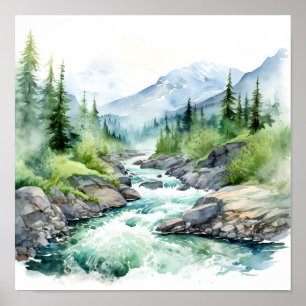 Mountain River Alaska Waterverf schilderij Poster