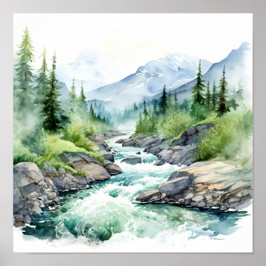 Mountain River Alaska Waterverf schilderij Poster (Voorkant)