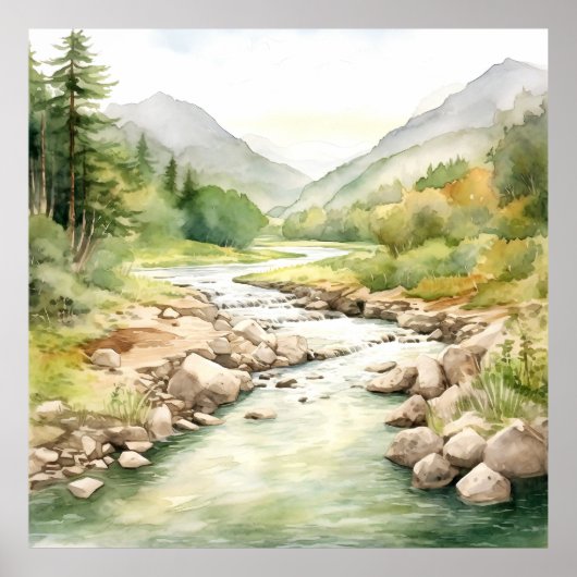 Mountain River Alaska Waterverf schilderij Poster (Voorkant)