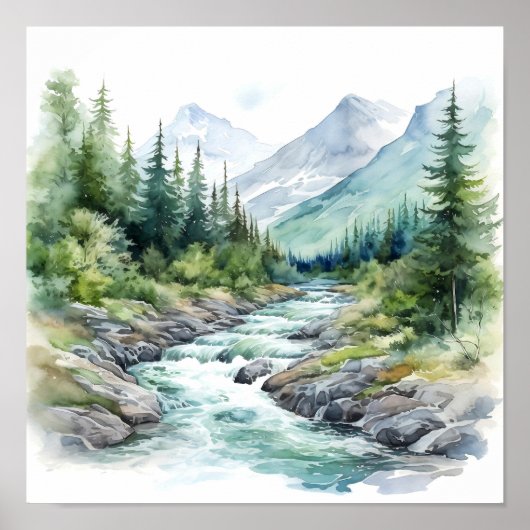 Mountain River Alaska Waterverf schilderij Poster (Voorkant)