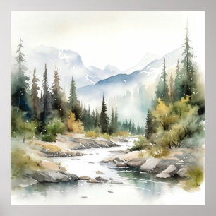 Mountain River Alaska Waterverf schilderij Poster