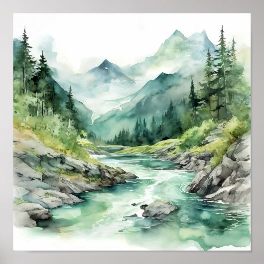 Mountain River Alaska Waterverf schilderij Poster (Voorkant)