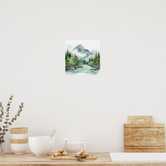 Mountain River Alaska Waterverf schilderij Poster (Keuken)