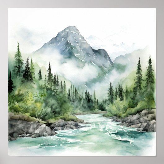 Mountain River Alaska Waterverf schilderij Poster (Voorkant)