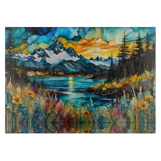 Mountain River en Wildflower Landschap Snijplank (Voorkant)