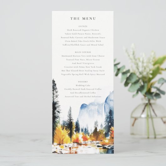 Mountain River Herfst Landscape Bruiloft Menu Kaar Kaart (Staand voorkant)