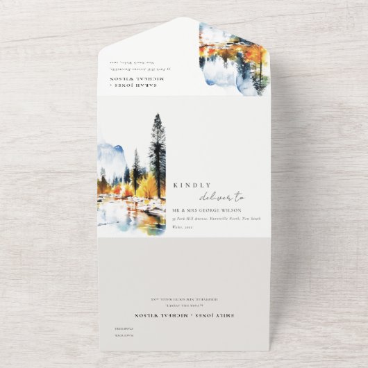 Mountain River Herfst Winterlandschap Bruiloft All In One Uitnodiging (Buitenkant)