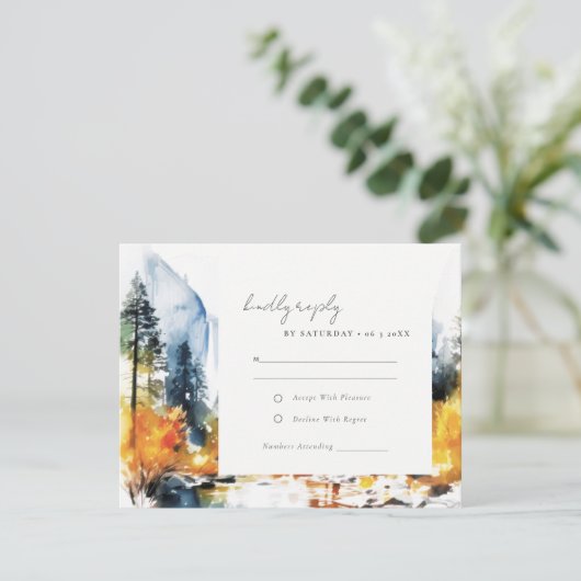 Mountain River Herfst Winterlandschap Bruiloft RSVP Kaartje (Staand voorkant)