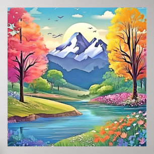 Mountain River Landscape Art Poster