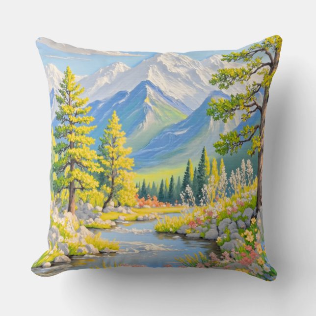 Mountain River Landscape Throw Pillow Kussen (Voorkant)