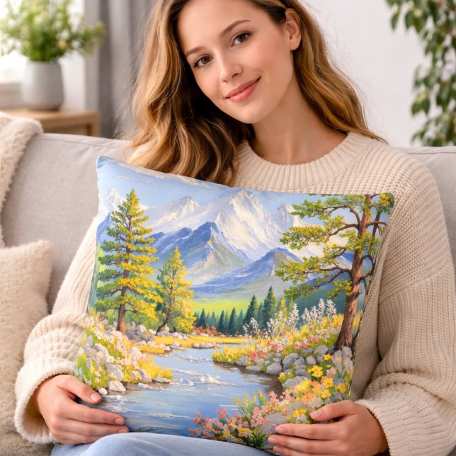 Mountain River Landscape Throw Pillow Kussen (Creator heeft geüpload)