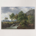 Mountain River Landscape Travel Nature Painting Legpuzzel<br><div class="desc">Custom, personalized, family kids travel nature art lovers 1000 pieces jigsaw puzzle, featuring an enchanting beautiful scenic intricate detailed landscape vintage painting, oil on canvas, by F.C. Kiæ rskou, featuring a mountain river gushing routhrouching gh a rocky landscape with a heavy wind swaying the trees, and your note / greetings...</div>