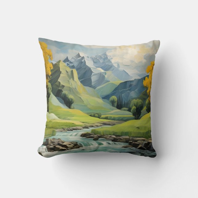 Mountain River Landschap Groen Bos Kussen (Voorkant)