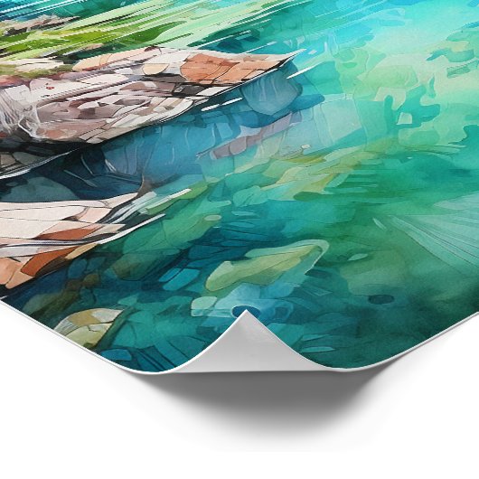 Mountain River levendige kleuren Waterverf schilde Poster (Hoek)