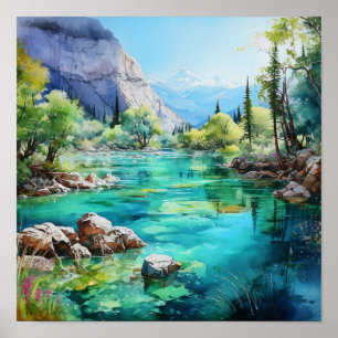 Mountain River levendige kleuren Waterverf schilde Poster